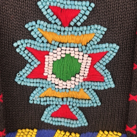 Victoria Jones Vintage Black Knit Aztec Boho Beaded Cowl Neck Sweater Size Large - Picture 5 of 8